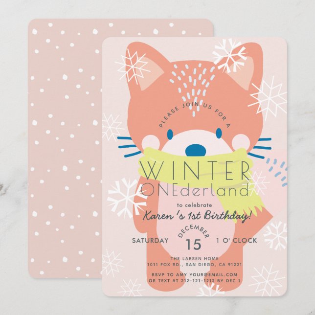 Fox Winter Onederland Rosa 1:a födelsedagsinbjudan Inbjudningar (Fram/baksida)