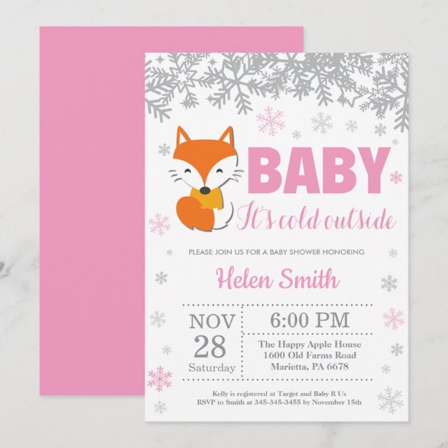 Fox Winter Rosa Girl Baby Shower Snowflake Inbjudningar (Fram/baksida)