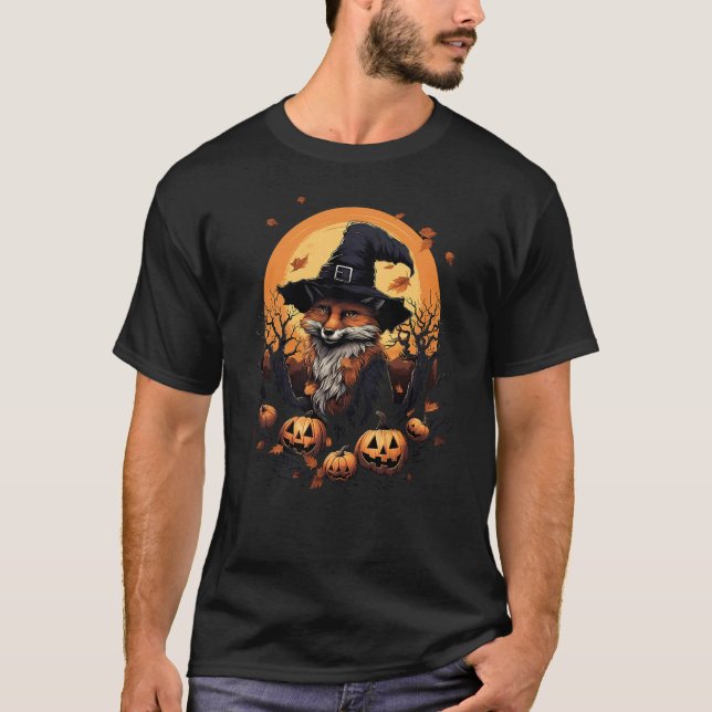 Fox Witch Hat Pumpkins Halloween Costume T Shirt (Framsida)