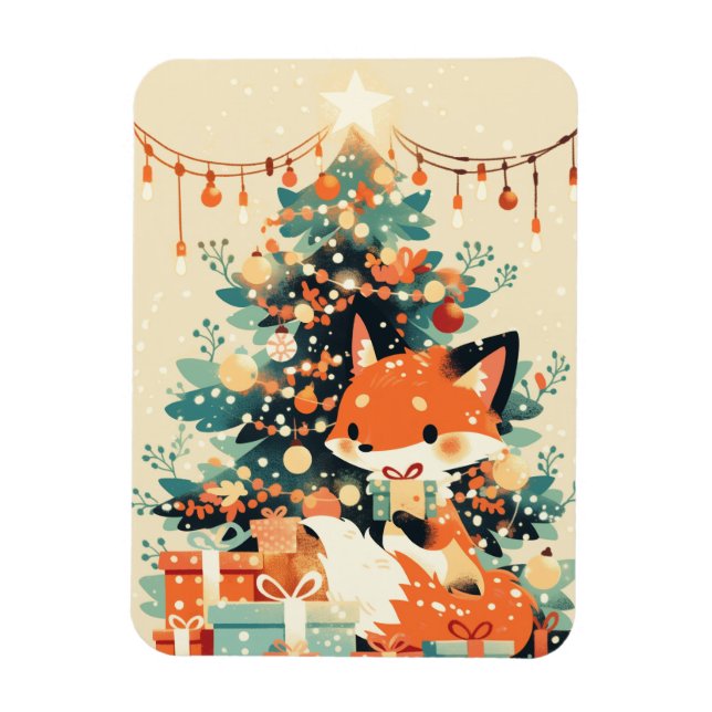 Fox with Christmas Tree and Gifts Magnet (Vertikal)