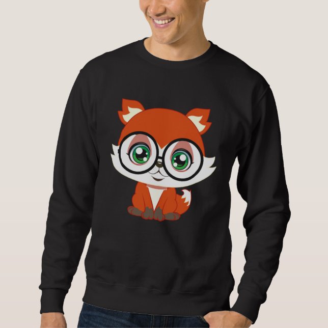 Fox with Glasses cutie Pet Nerd Nerdy Man Woman Ki Lång Ärmad Tröja (Framsida)