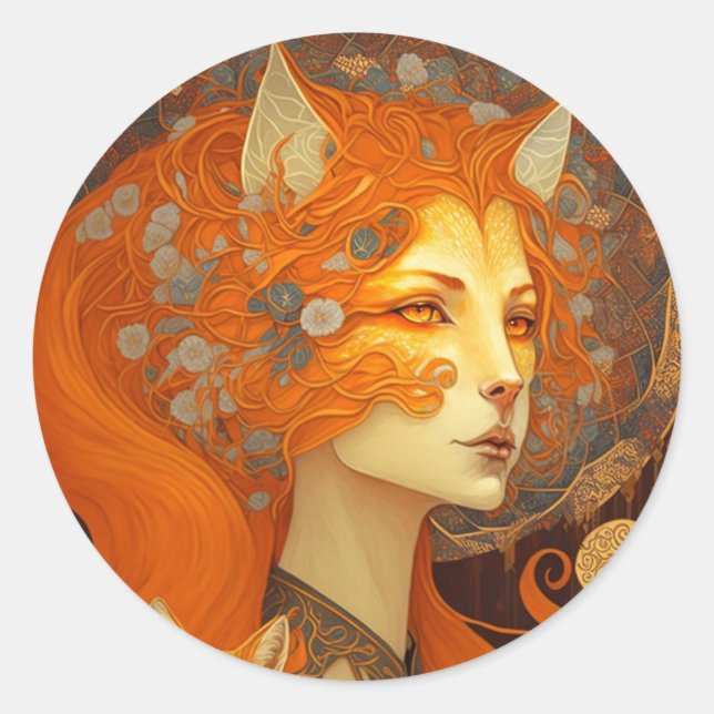 Fox Woman Fantasy Art Runt Klistermärke (Framsida)