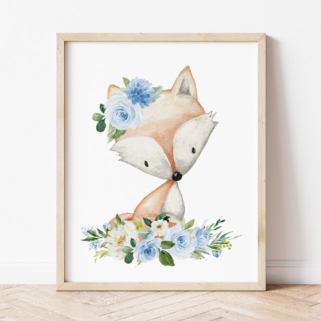 Fox, Woodland Animals, Boho, Blåa blommor Fototryck (Skapare uppladdad)