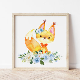 Fox, Woodland Animals, Boho, Blåa blommor Poster