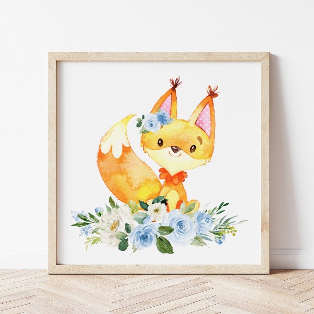 Fox, Woodland Animals, Boho, Blåa blommor Poster (Skapare uppladdad)