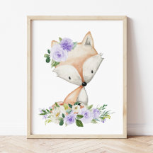 Fox, Woodland Animals, Boho, Lila blommor