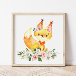 Fox, Woodland Animals, Boho, Rosa Flowers Fototryck