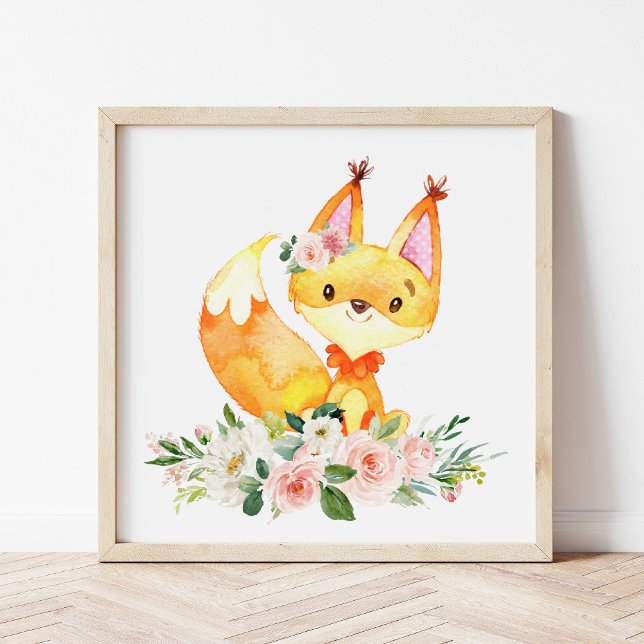 Fox, Woodland Animals, Boho, Rosa Flowers Fototryck (Skapare uppladdad)