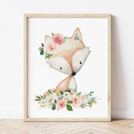 Fox, Woodland Animals, Boho, Rosa Flowers Fototryck