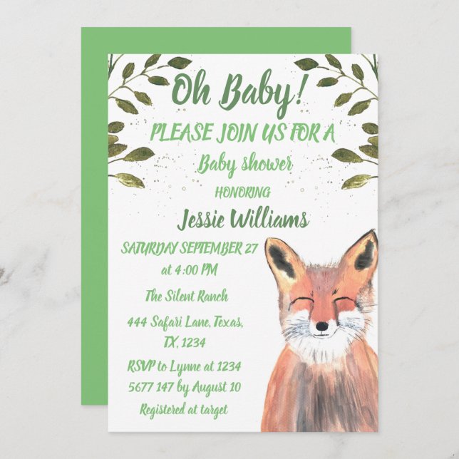 Fox Woodland animals Grönt Rustic Pojke dusch Inbjudningar (Fram/baksida)