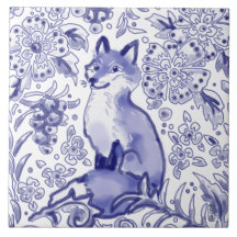 Fox Woodland Blommigt Blue Folk Nordic Teckning 