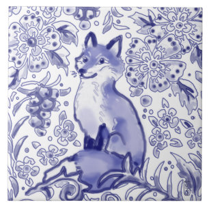 Fox Woodland Blommigt Blue Folk Nordic Teckning Kakelplatta