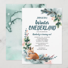 Fox Woodland Winter Onederland Baby Födelsedagsfes Inbjudningar