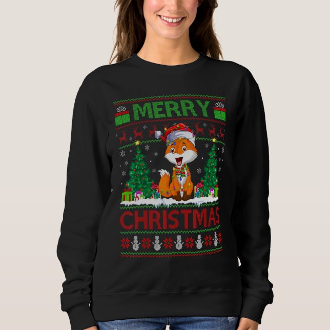 Fox   Xmas Tree Lights Ugly Santa Fox Christmas T Shirt (Framsida)