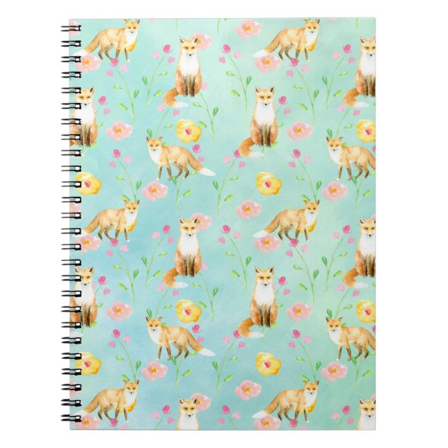 Foxar och blommor Rosa Gult Mint Watercolor Anteckningsbok (Framsidan)