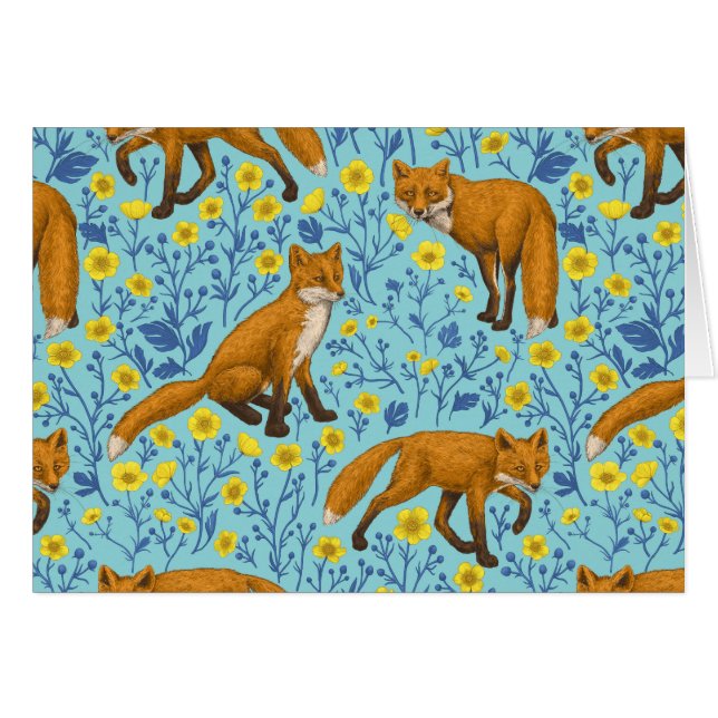 Foxar och fjärilar på blått bassäng hälsningskort (Framsidan Horizontal)