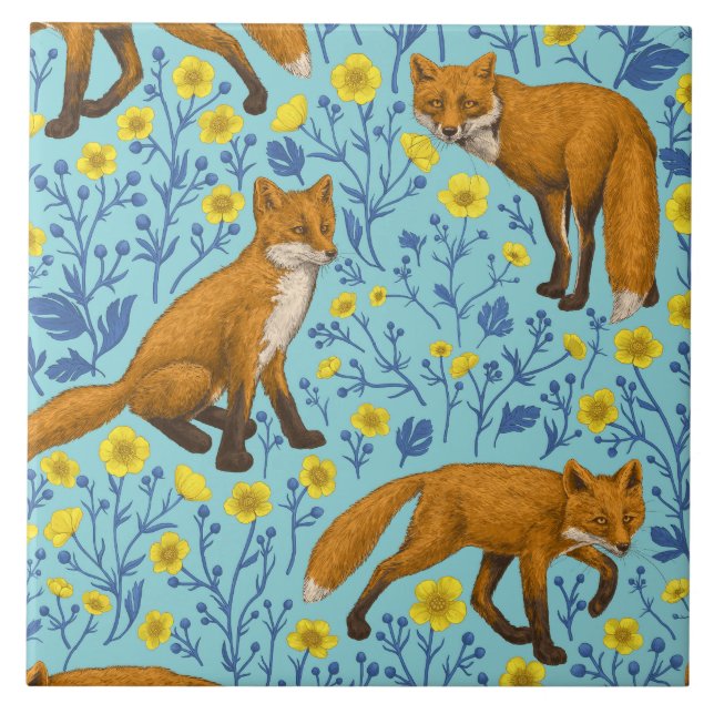 Foxar och fjärilar på blått bassäng kakelplatta (Framsidan)