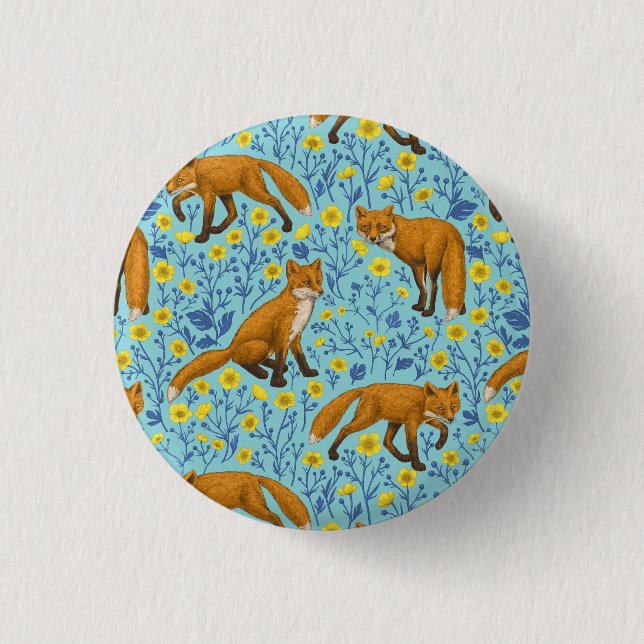 Foxar och fjärilar på blått bassäng knapp (Framsida)