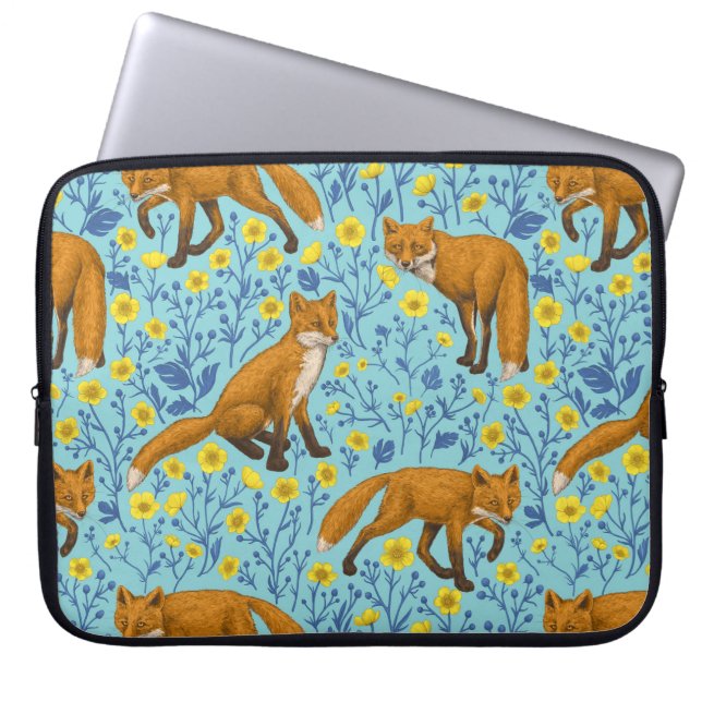 Foxar och fjärilar på blått bassäng laptop fodral (Framsidan)