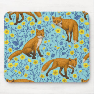 Foxar och fjärilar på blått bassäng musmatta