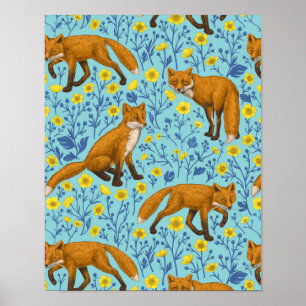 Foxar och fjärilar på blått bassäng poster