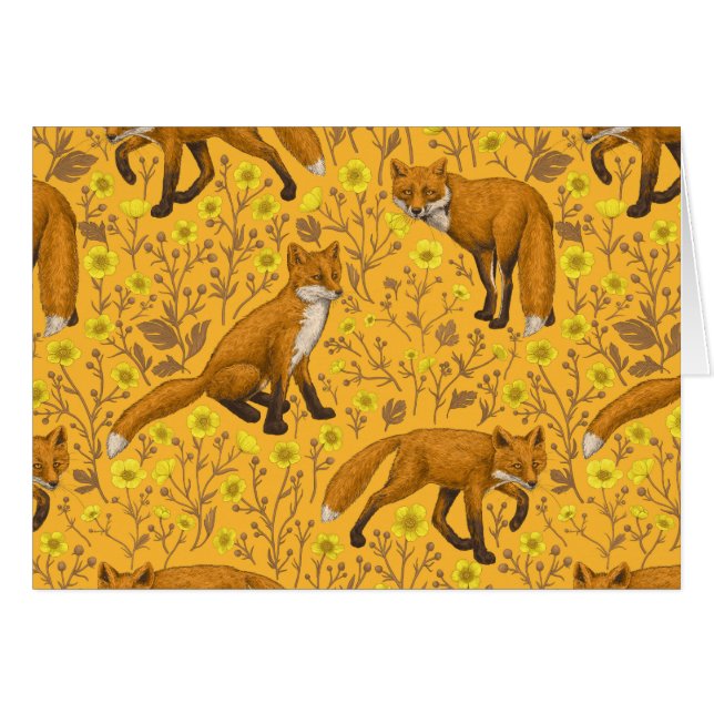 Foxar och fjärilar på orangen hälsningskort (Framsidan Horizontal)