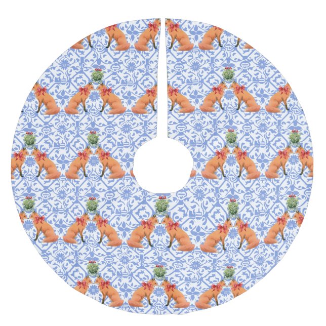 Foxar som äter under Mistletoe Blue Chinoiserie Julgransmatta Borstad Polyester (Framsidan)