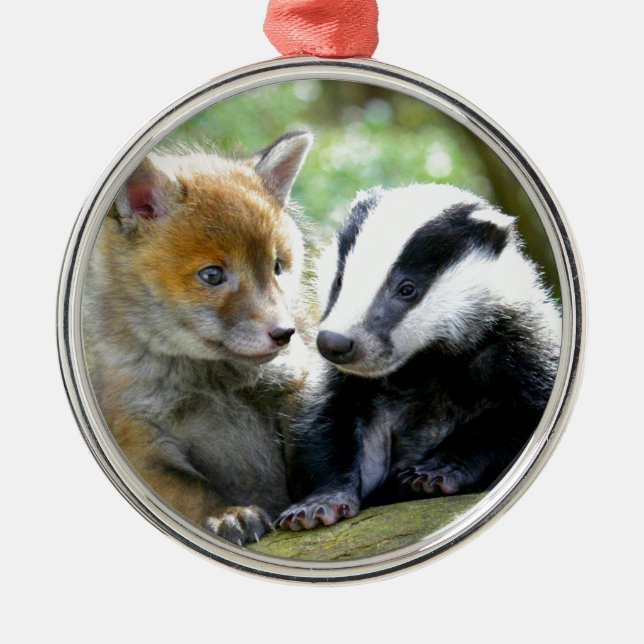 Foxcub och Badger Cute! Julgransprydnad Metall (Framsidan)