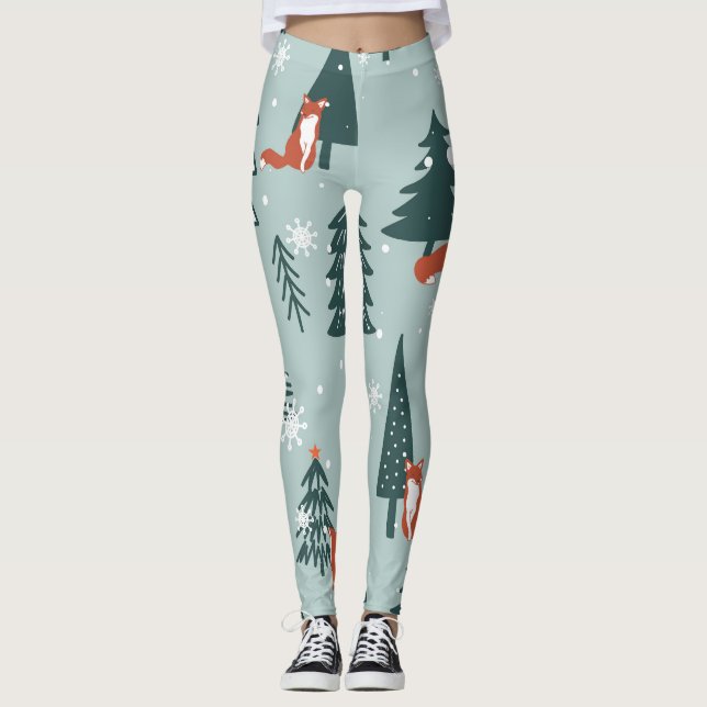 Foxer, fir-träd, vinter, färglöst mönster leggings (Framsida)