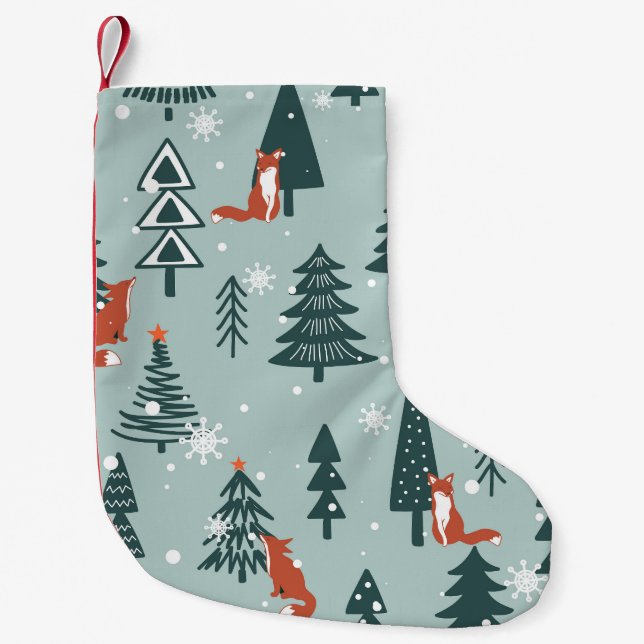 Foxer, fir-träd, vinter, färglöst mönster liten julstrumpa (Framsidan)