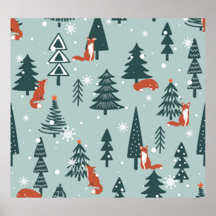 Foxer, fir-träd, vinter, färglöst mönster poster