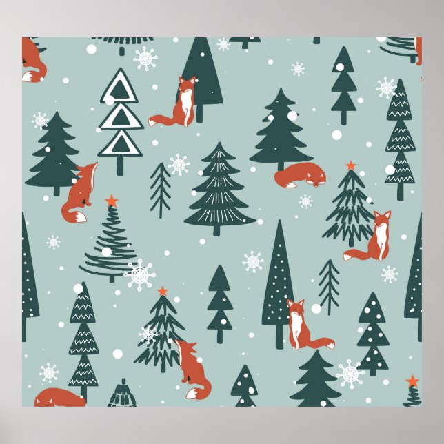 Foxer, fir-träd, vinter, färglöst mönster poster (Framsidan)