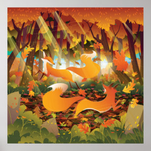 Foxer som spelas i höstskogen poster