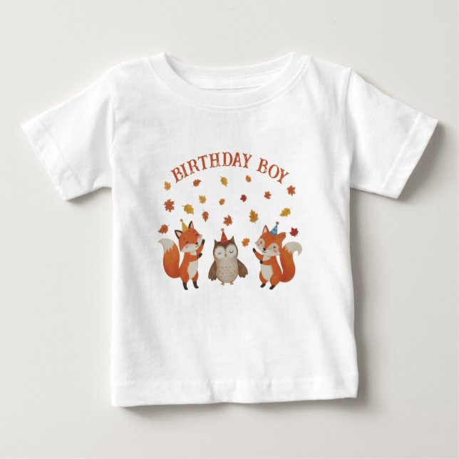 Foxes and Owl Woodland Fall Birthday Party T Shirt (Framsida)