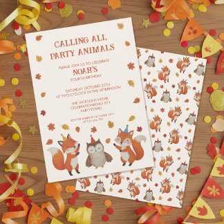 Foxes and Owl Woodland Fall Kids Birthday Party Inbjudningar