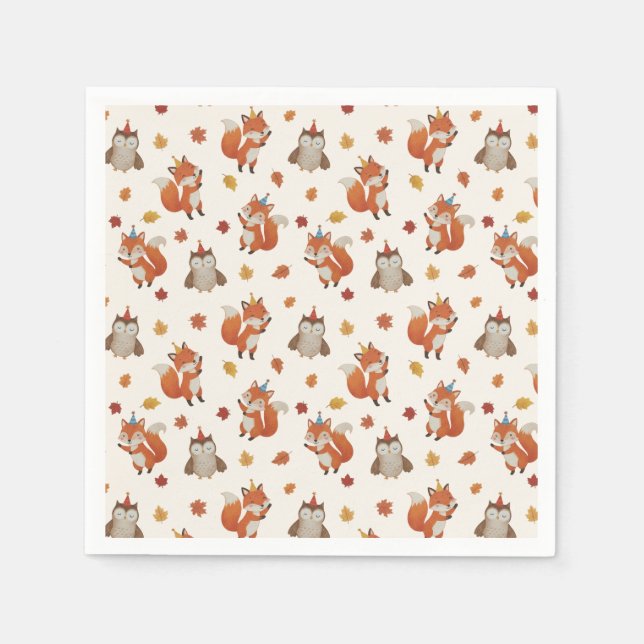 Foxes and Owl Woodland Fall Kids Birthday Party Pappersservett (Framsidan)