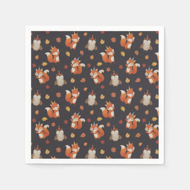 Foxes and Owl Woodland Fall Kids Birthday Party Pappersservett (Framsidan)