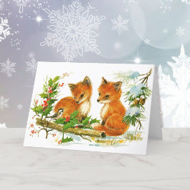 Foxes & Chickadee jul Woodland Friends Helgkort