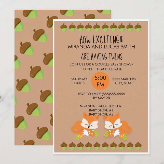 Foxes Woodland Animals Twillingar Baby Shower Inbj Inbjudningar (Fram/baksida)