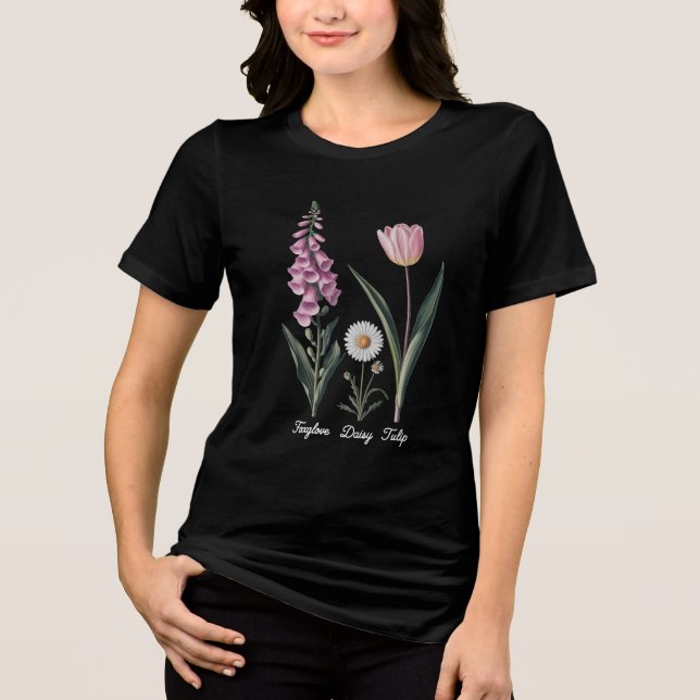 Foxglove Daisy Tulip Blommigt Illustration T Shirt (Framsida)