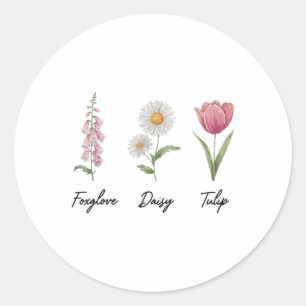 Foxglove Daisy Tulip Blommigt Runt Klistermärke