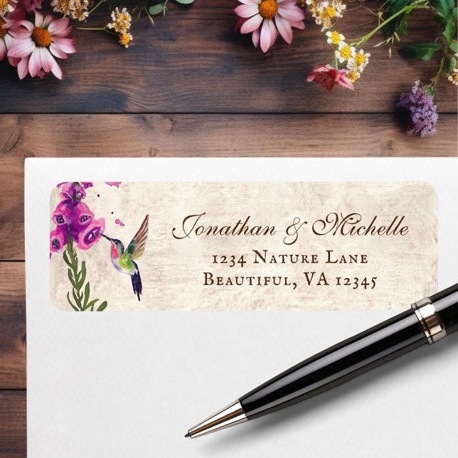 Foxglove Flowers och Hummingbird Garden Adress Returadress Etikett (Foxglove Flowers and Hummingbird Garden Address Label)
