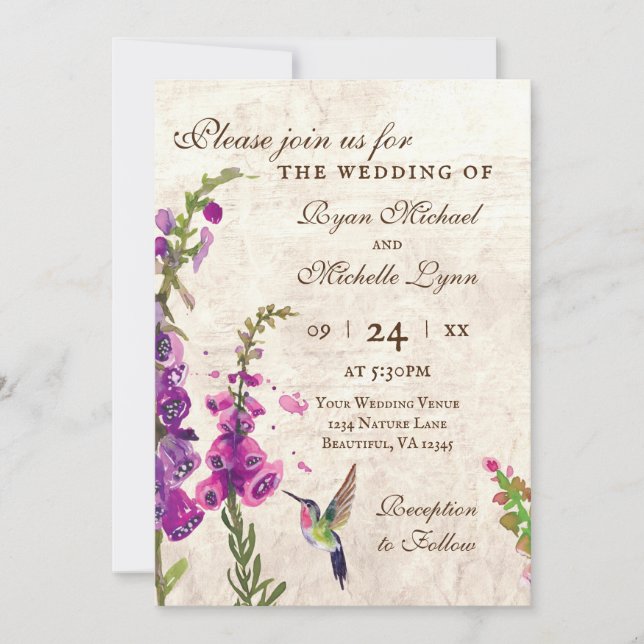Foxglove Flowers och Hummingbird Garden Wedding Inbjudningar (Framsida)