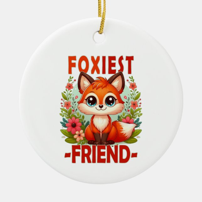 Foxiest Friend pun. Cute Baby Fox-valpen, tecknad Julgransprydnad Keramik (Framsidan)
