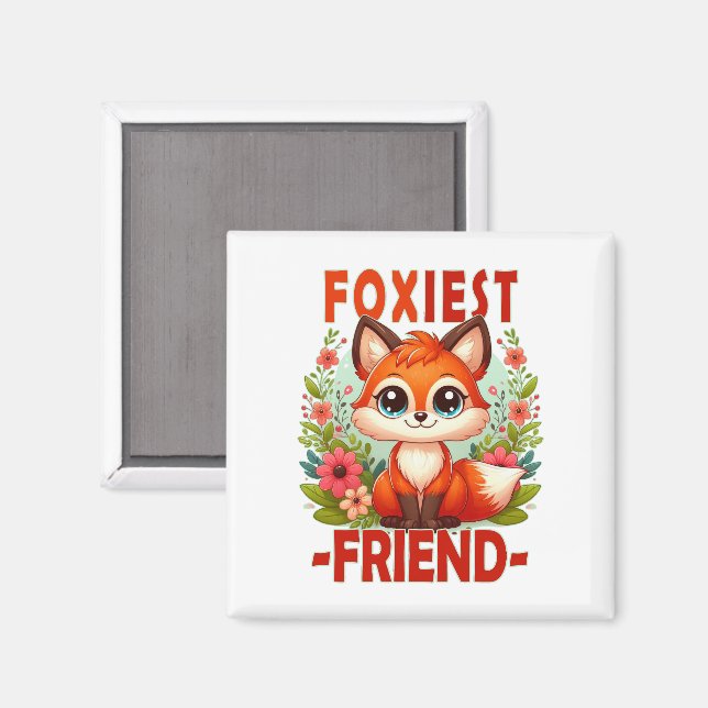 Foxiest Friend pun. Cute Baby Fox-valpen, tecknad Magnet (Front/Back)
