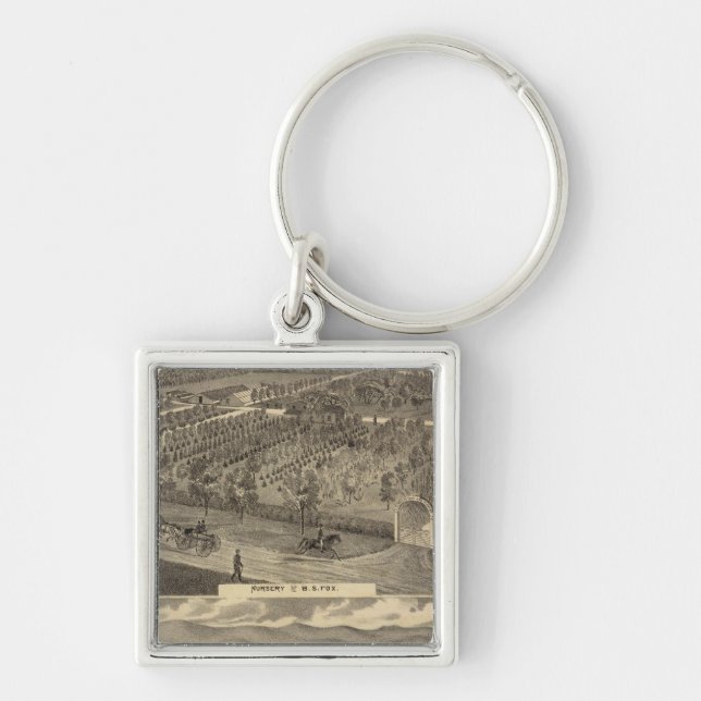 Foxplantor, daghem, fruktodling fyrkantig silverfärgad nyckelring (Framsidan)