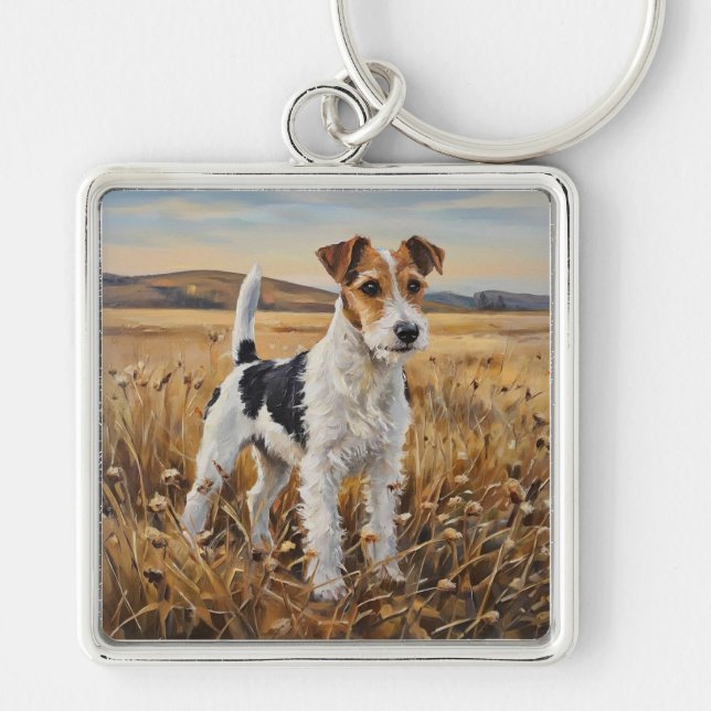 Foxterrier Fyrkantig Silverfärgad Nyckelring (Framsidan)