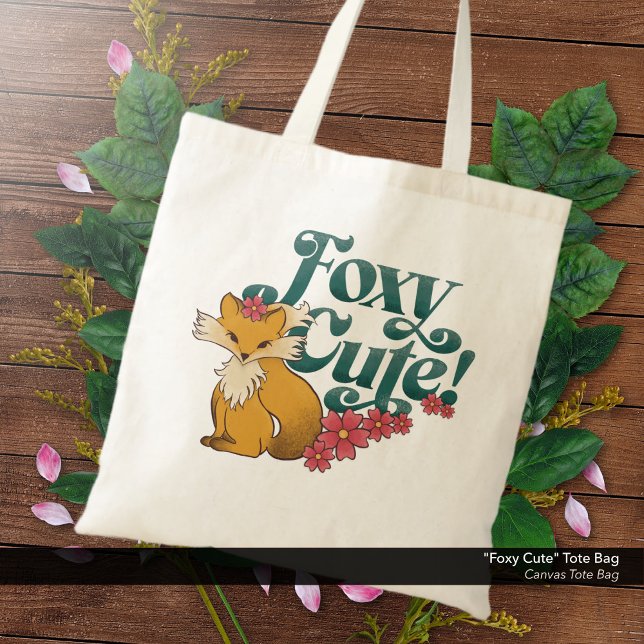 Foxy Cute Flowers Tygkasse ("Foxy Cute" -  Canvas Tote Bag with Cute Fox and Flowers Artwork.)