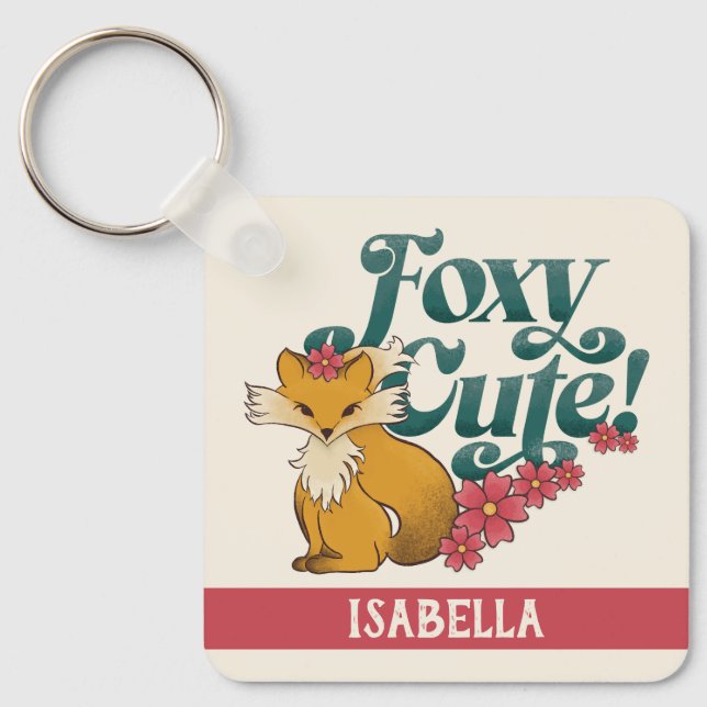 Foxy Cute med blommor Personligt namn Nyckelring (Framsida)