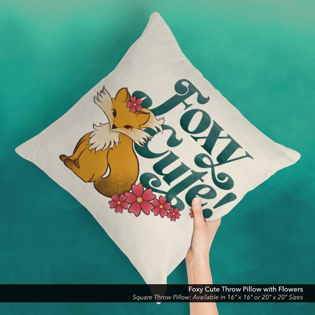 Foxy Cute med Flowers Kudde (Foxy Cute Square Throw Pillow with Hand Drawn Fox and Flower Arwork.)